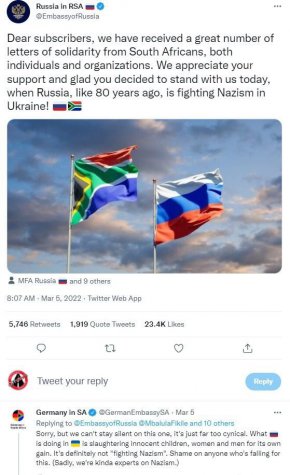 Немското посолство в Южна Африка написа язвителен коментар по повод пост в Туитър на посолството на Москва в Кейптаун