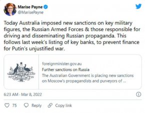Австралия въведе нови санкции срещу руснаци, обвинени в разпространяване на "дезинформация" за конфликта в Украйна