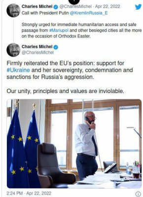 Мишел "категорично потвърди позицията на ЕС: подкрепа за Украйна и нейния суверенитет, осъждане и санкции за агресията на Русия", заяви той в петък в туитър на своя официален акаунт.