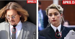 В първия ден на процеса - 11 април - Деп е видян с вратовръзка на Gucci, на която е изобразен бръмбар (вляво). Два дни по-късно - на 13 април - Хърд носеше много подобна вратовръзка, на която също имаше пчелна пиронка (вдясно)