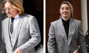 Хората посочват също, че Деп е облякъл сив костюм за първия ден от процеса на 11 април (вляво), а Хърд е видяна да носи панталон и риза в същия цвят в сградата на съда на 12 април (вдясно)