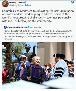 Бившият държавен секретар и неуспял кандидат за президент Хилари Клинтън е назначена за професор в Колумбийския университет в Ню Йорк, където ще преподава на студентите си обществени въпроси и глобална политика след дългогодишната си кариера.