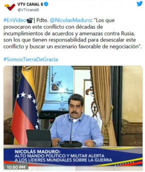 Мадуро призова отговорните лица да търсят "благоприятен сценарий за преговори и споразумение" за прекратяване на конфликта между Русия и Украйна