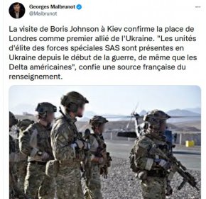  

Подразделенията на SAS "присъстват в Украйна от началото на войната, както и американските Делти", пише Малбрюно в Туитър