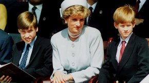 Даяна, Уилям и Хари присъстват на възпоменателната церемония на държавните глави в Хайд Парк на 7 май 1995 г. (Снимка: Getty Images)