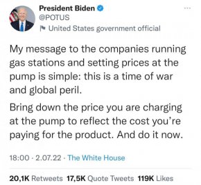  По-късно Джон Кърби от Съвета за национална сигурност защити туита на президента Джо Байдън, който през уикенда призова газовите компании да намалят цените си.