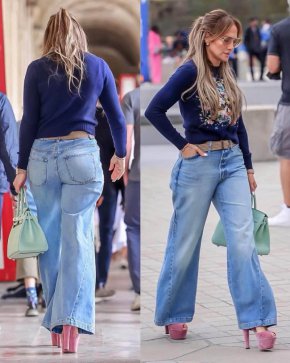 JLo с отново модните клош-джинси