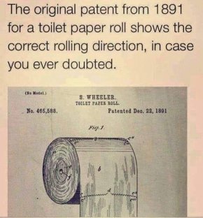 Оригиналният патент от 1891 г. за руло тоалетна хартия показва правилната посока на търкаляне, в случай че някога сте се съмнявали.